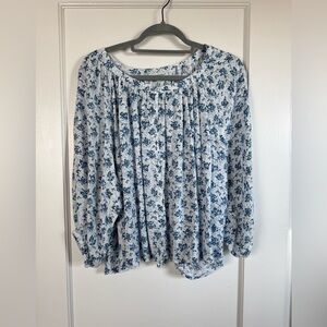 Blue and White Flowy Floral Blouse